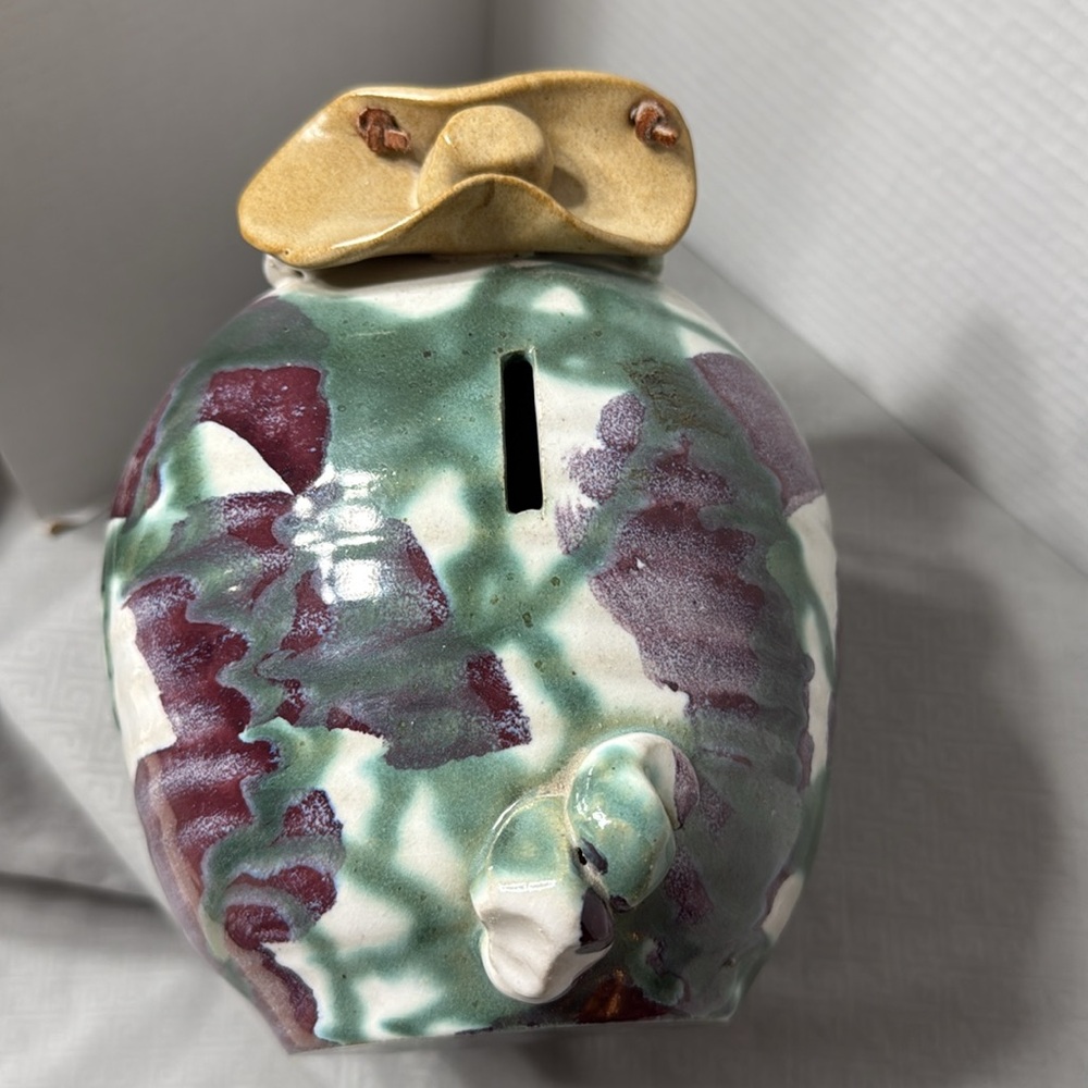 Large Vtg Pottery Studio Ceramic Art Piggy Bank Drip Glaze Cowboy Hat Multicolor - Picture 5 of 11